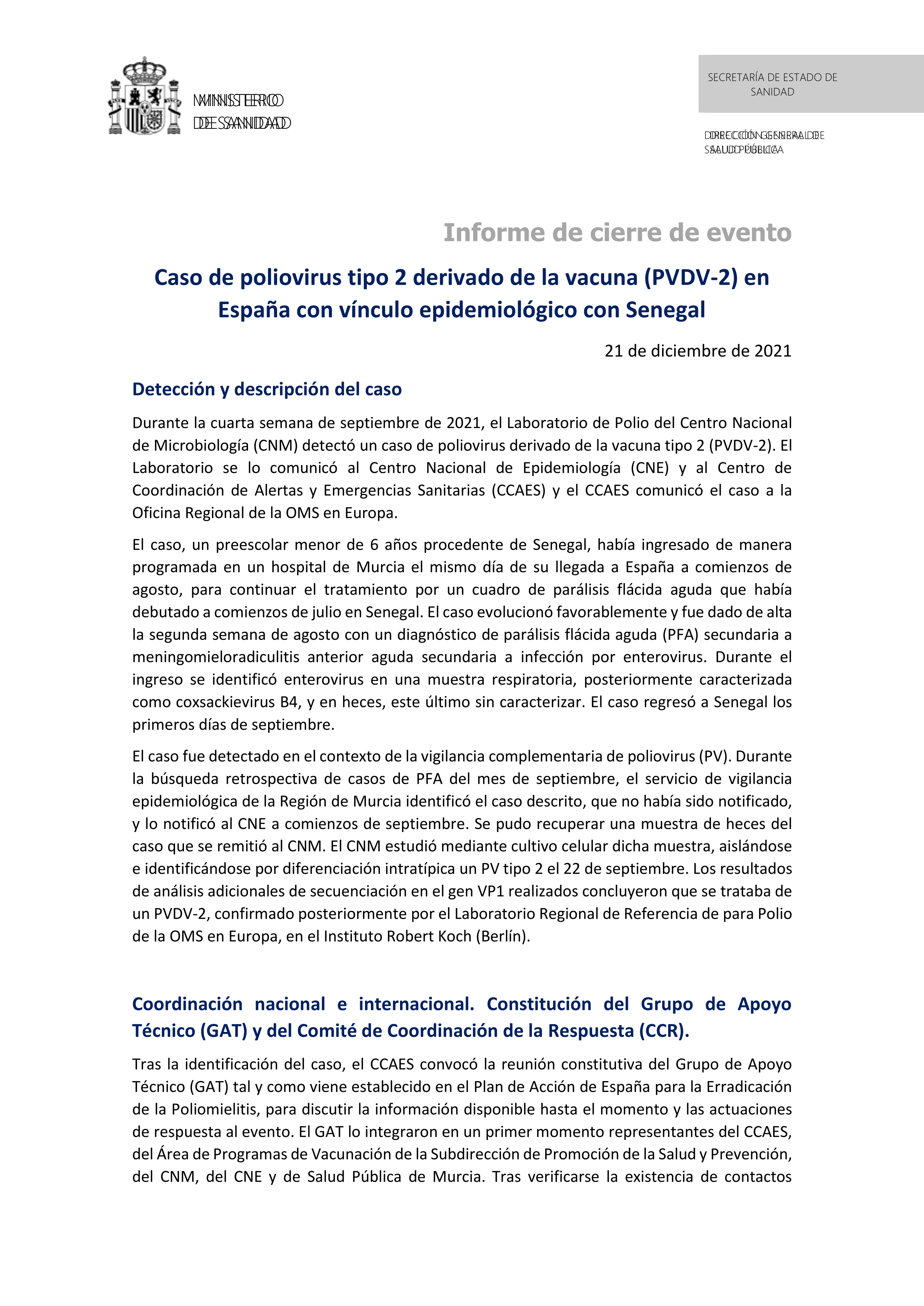 Caso de poliovirus tipo 2 derivado de la vacuna (PVDV-2) en España con vínculo epidemiológico con Senegal